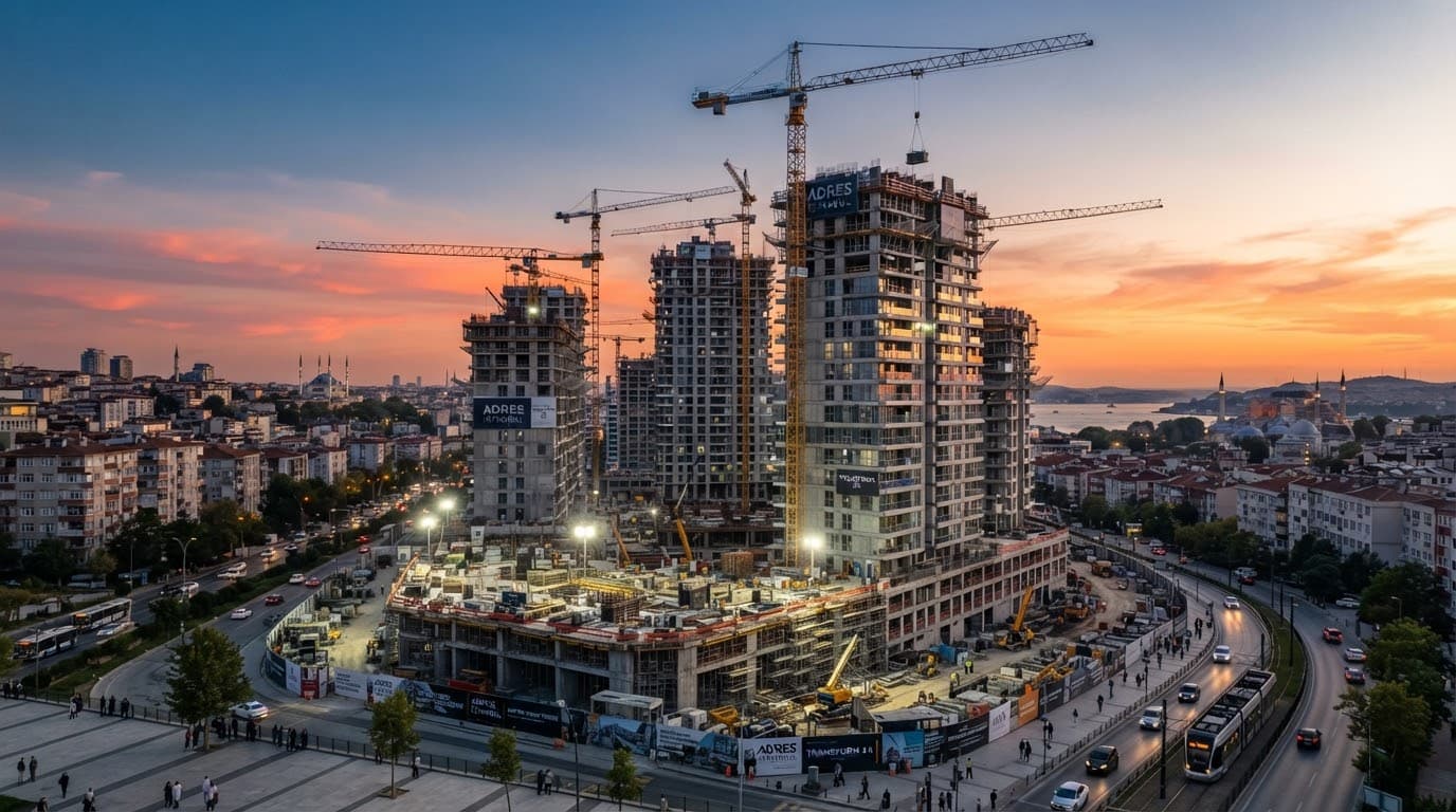 İstanbul'da gün batımında vinçlerle yükselen kentsel dönüşüm şantiyesi